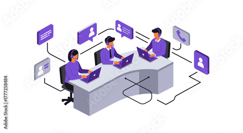 Customer Service Representatives Working with Laptops and Headsets.