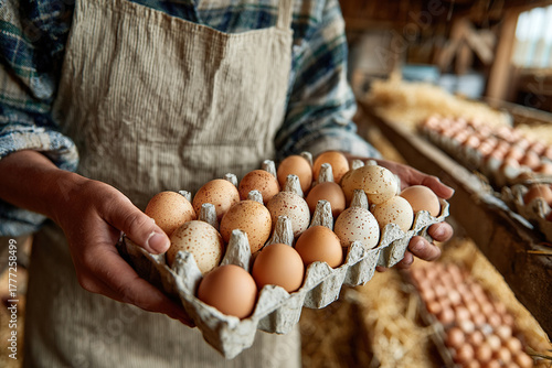 Collection of fresh chicken eggs at a poultry farm.