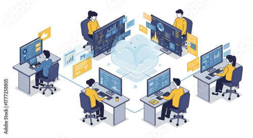 Team Working on Computers Connected to Cloud Data.