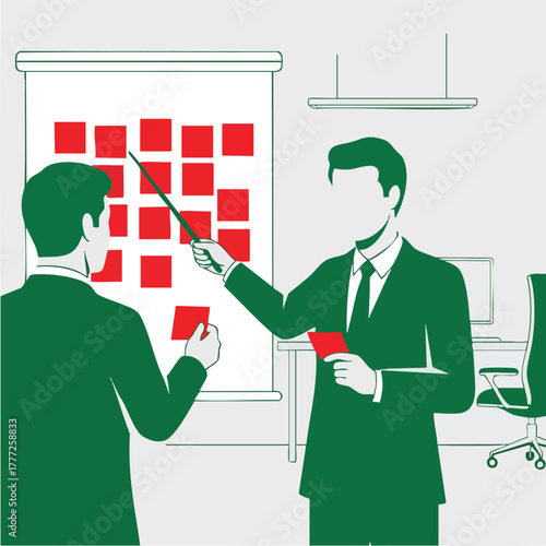 Two Suited Professionals Engage in Strategy on Board.