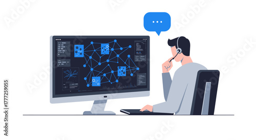 Customer Service Representative Analyzing Data on Computer Screen.