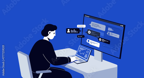 Person Working on Laptop with Chat Bubbles and Monitor.