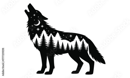 Wolf silhouette with forest trees and night sky double exposure art
