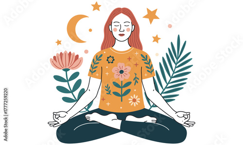 Woman meditating with plants moon and stars in peaceful illustration
