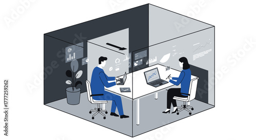 Business Professionals Working Together in Modern Office Cubicle.