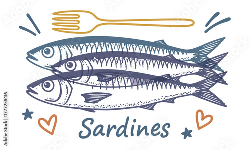 Sardines illustration with fork and hand drawn seafood design
