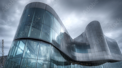 museum with curved steel and glass design, cloudy sky