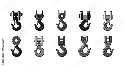 Set of detailed crane hook illustrations various industrial lifting mechanisms isolated on white background