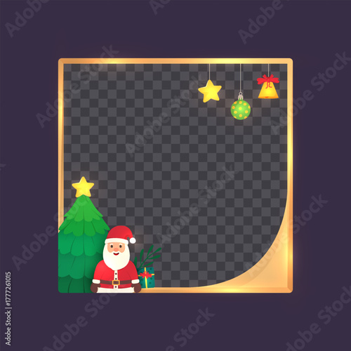 Golden Christmas Frame with Santa Claus, Christmas Tree, Glowing Star, Baubles and Jingle Bell Ornaments for Festive Holiday Decorative Border Design