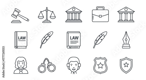 Set of justice and law icons simple line symbols for legal services isolated on white background