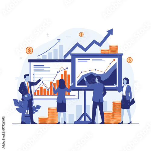 Business analytics presentation with charts and team.