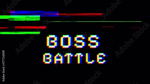 Boss Battle and Get Ready Pixelated Text with Digital Glitch Effect, Retro 8-bit Gaming Transition Animation