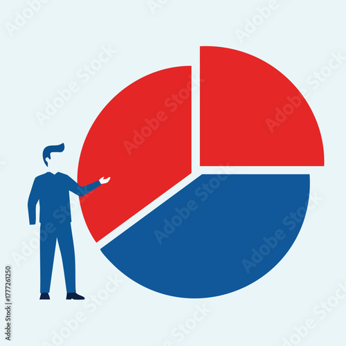Business person presenting a pie chart data visualization.