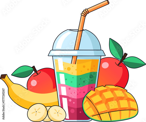 Colorful fruit smoothie with banana, mango, and apple illustration