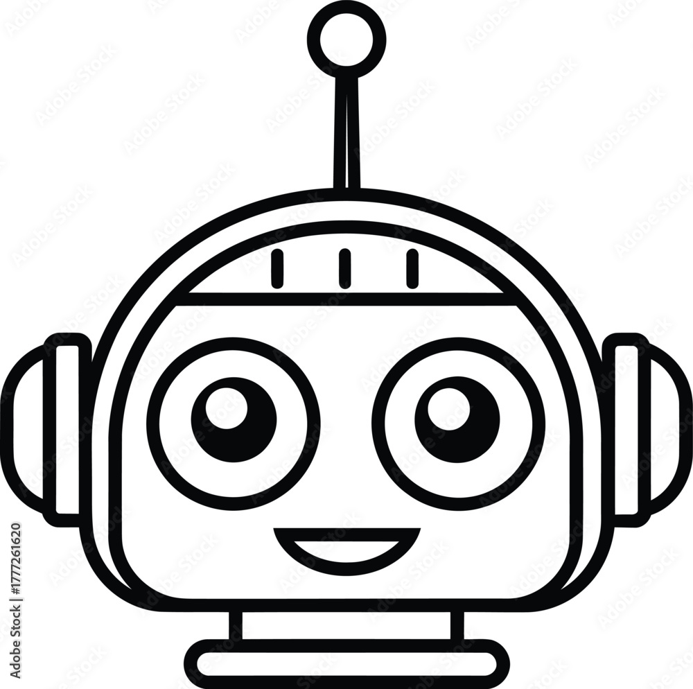 Obraz premium Illustration of a cute robot head with large eyes and headphones in black and white outline style
