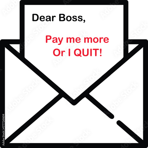 Resignation Letter in Envelope with Bold Red Pay Raise Message – Black and White Vector Illustration