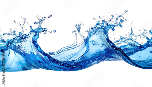 Water splashing, bright blue liquid motion on solid black background