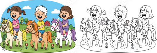 Happy Kids Enjoying Pony Ride on a Sunny Farm Day - Playful Children's Coloring Book Illustration