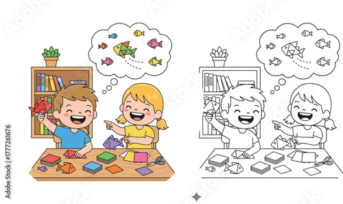 Happy Kids Imagining with Origami Fish: Boy and Girl Enjoying Creative Paper Craft and Playful Learning