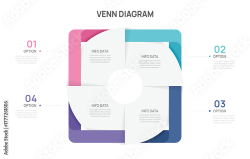 Venn diagram infographic chart template for business 4 color parts options, presentation with icon elements vector illustration.