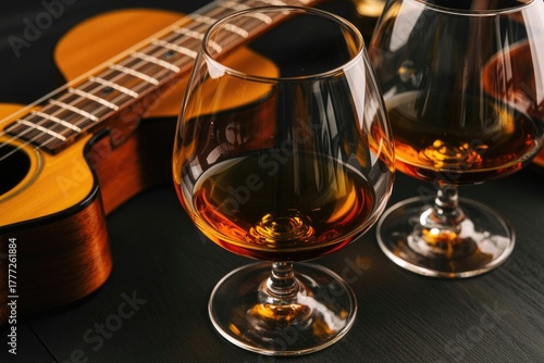 Wallpaper Mural Two glasses of cognac with an acoustic guitar on black background Torontodigital.ca