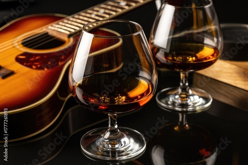 Wallpaper Mural Two glasses of cognac with an acoustic guitar on black background Torontodigital.ca