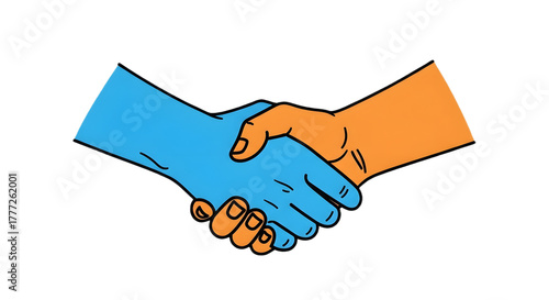 Illustration of a business handshake with blue and orange colored hands on transparent background