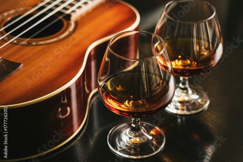 Two glasses of cognac with an acoustic guitar on black background