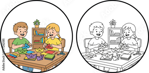 Kids folding paper boats together on a table, happy children creating origami crafts, simple line art coloring page
