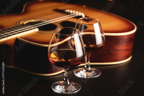 Two glasses of cognac with an acoustic guitar on black background