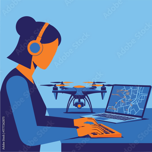 Drone Operator Using Laptop With Flying Drone.
