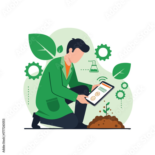 Environmental Scientist Inspecting Soil Sample With Clipboard.