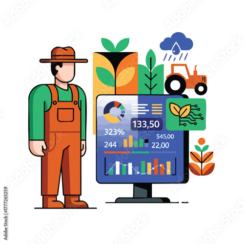 Farmer standing beside digital farming screen showing data.