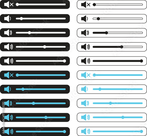 Volume Icon set.Audio player for songs or podcast playlist. Adjust mixer volume level. Equalizer symbol concept for control, filter, balance, tuning, options, and preferences.