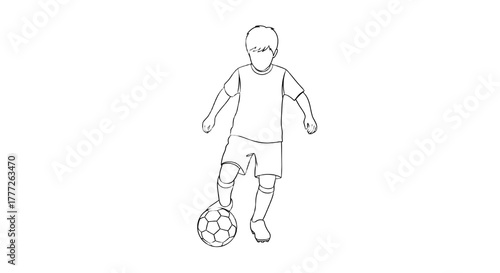 Outline drawing of a boy playing soccer with a soccer ball alone