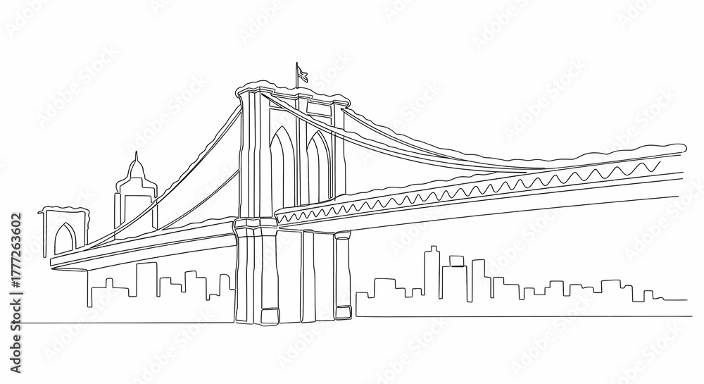 Fototapeta premium Brooklyn Bridge outline illustration with city skyline background 