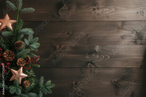 Rustic Christmas Background with Pine Branches and Golden Star