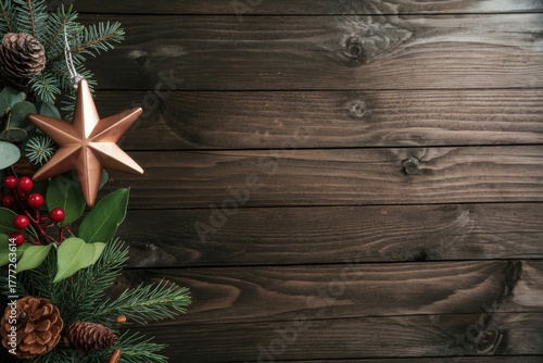 Rustic Christmas Background with Pine Branches and Golden Star