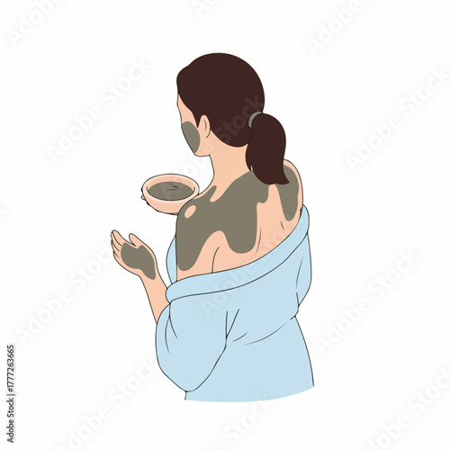Detailed Line Art Woman Applying Mud Mask Body Treatment Illustration