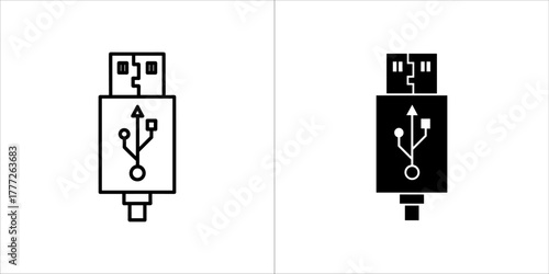 Set of two usb connector icons, one in outline and one in solid black