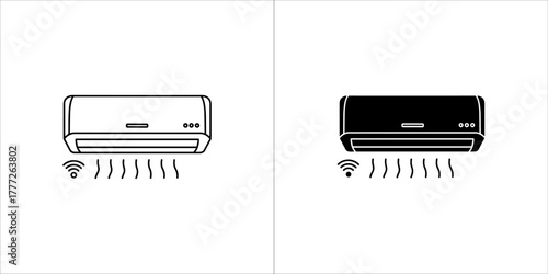 Line art and solid black icon of a smart air conditioner with wifi signal