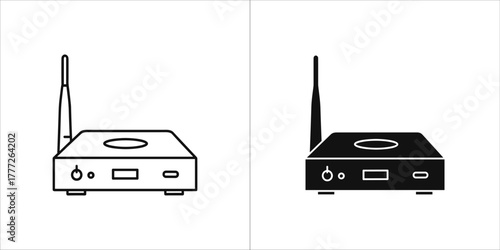 Two icons of a wireless router, one outlined and one filled, on a