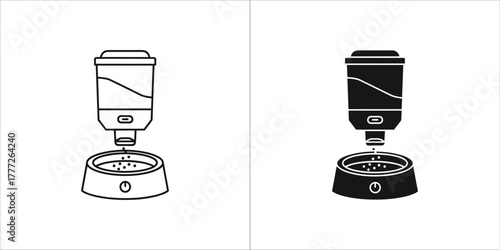 Two icons of an automatic pet feeder, one in outline and one in solid black