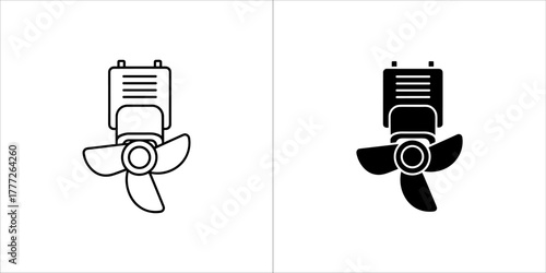 Outboard motor propeller, line art and silhouette