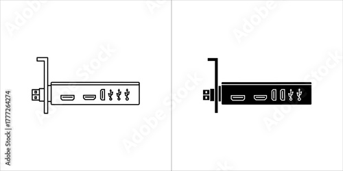 Two icons representing a computer expansion card, one outlined and one filled