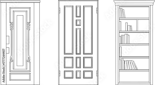 Architectural furniture vector, decorative door designs, bookshelf with molding, black and white drawing, interior detail, panel layout, classic style, home decor