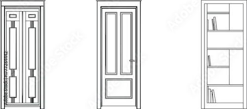 Architectural furniture vector, double and single door designs, shelving unit with books, black and white drawing, interior detail, panel layout, home decor