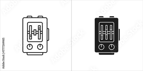 Two icons of a portable audio mixer, one black and white outline and one solid black