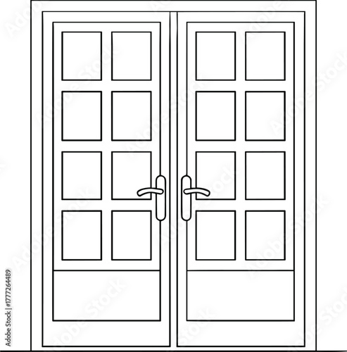 Double doors vector, black and white architectural drawing, symmetrical glass pane layout, classic frame design, interior trim, building detail, closed door style