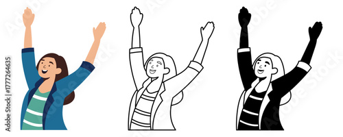 A woman celebrating success with hands raised in the air isolated vector art illustration